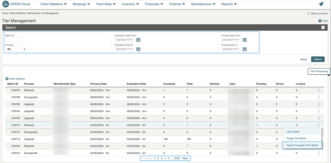 Tier Management Search screen Tier Management Search screen