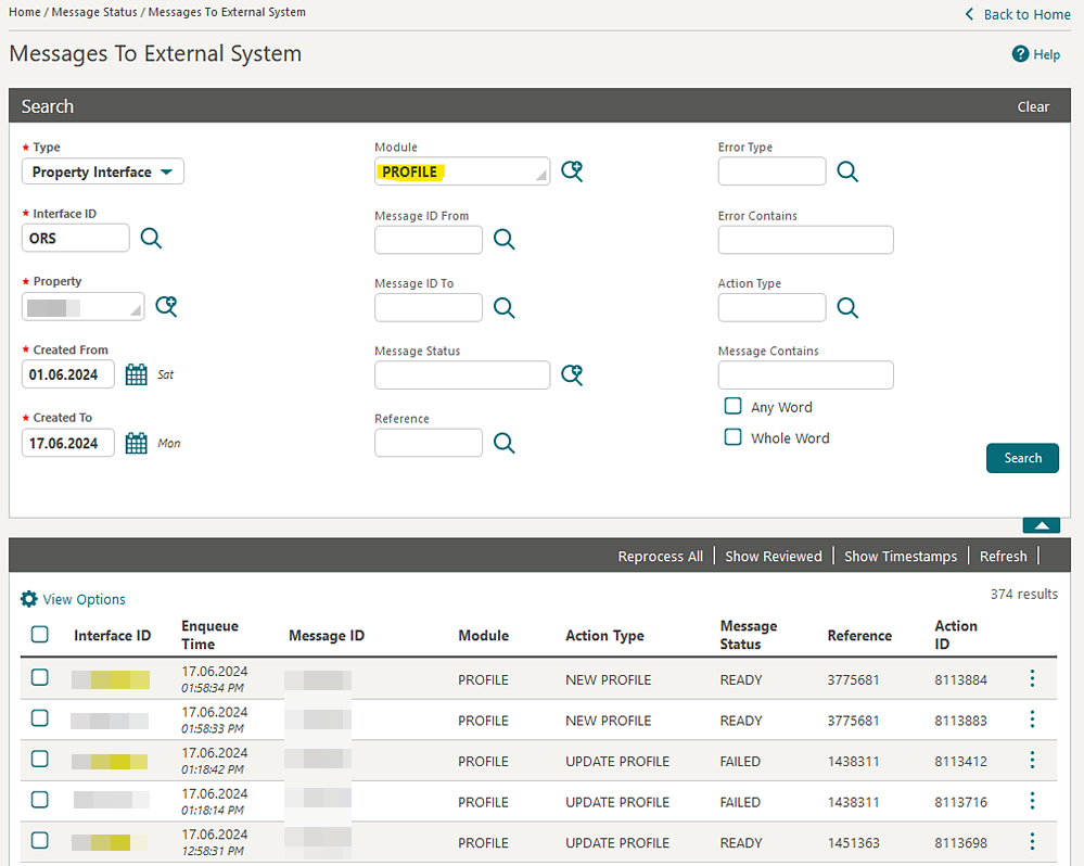 Messages to External System Search screen. Messages to External System Search screen.