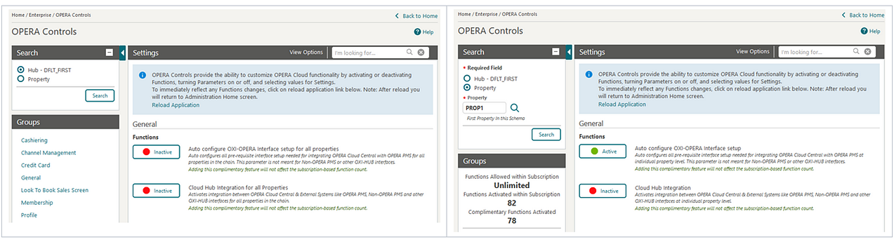 Two OPERA Control search screens, one showing Hub, and the other showing Property Two OPERA Control search screens, one showing Hub, and the other showing Property