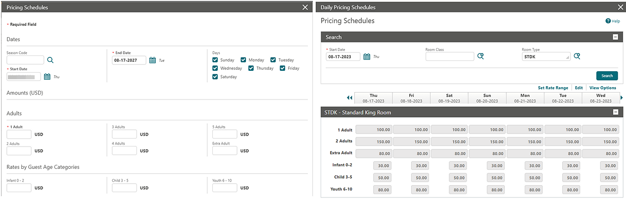 Rate Code Pricing Schedules screen Rate Code Pricing Schedules screen