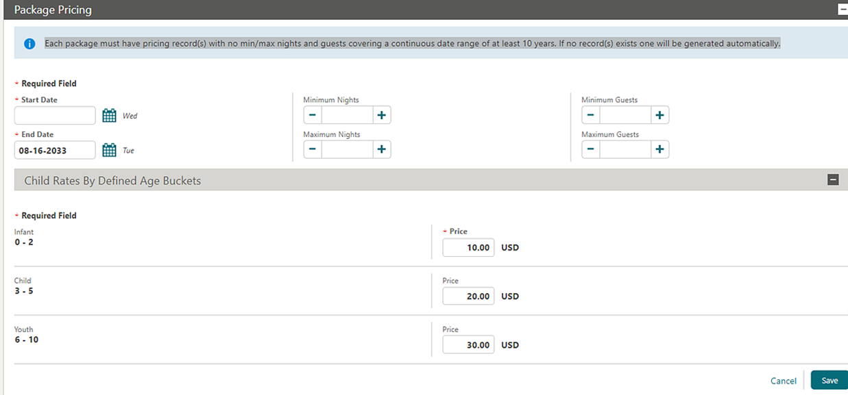 Package Pricing screen Package Pricing screen