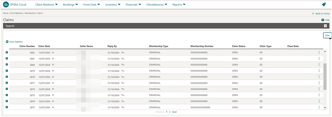 Claims search screen. Claims search screen.