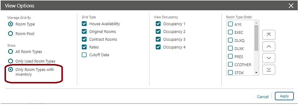 The View Options provides an Only Room Types with Inventory option you can select or deselect.. The View Options provides an Only Room Types with Inventory option you can select or deselect..