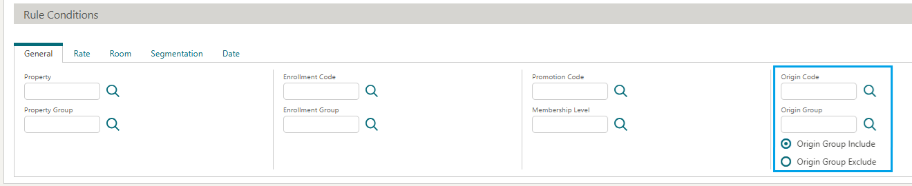 Rule Conditions screen with Origin Code and Origin Group fields highlighted Rule Conditions screen with Origin Code and Origin Group fields highlighted