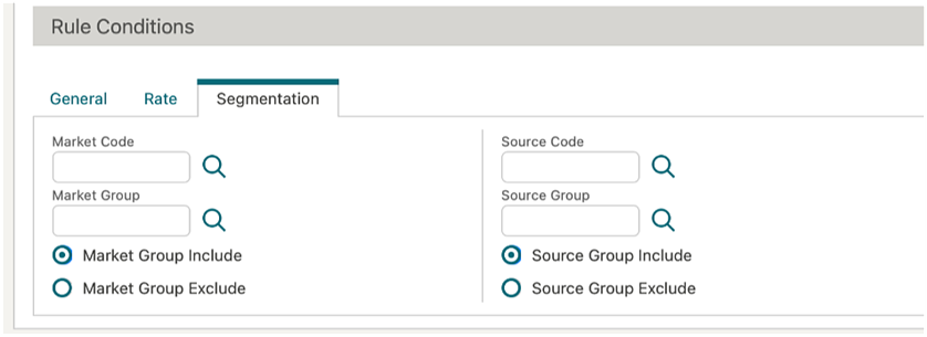 Rule Conditions screen showing the Segmentation tab. Rule Conditions screen showing the Segmentation tab.