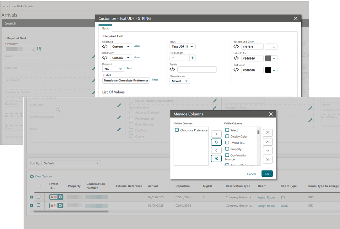 Arrivals Search screen displaying the Customize - Text UDF - String panel and the Manage Columns panel. Arrivals Search screen displaying the Customize - Text UDF - String panel and the Manage Columns panel.