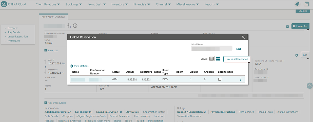 Reservation Overview screen showing Linked Reservation Reservation Overview screen showing Linked Reservation