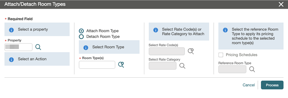 Attach/Detach Room Types screen. Attach/Detach Room Types screen.