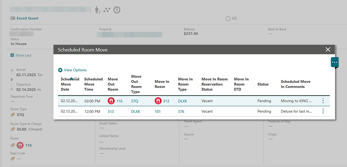 Scheduled Room Move screen. Scheduled Room Move screen.