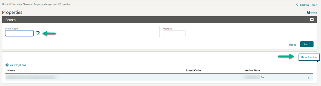 Properties screen shows a new search field for Brand Codes and a Show Inactive action link. Properties screen shows a new search field for Brand Codes and a Show Inactive action link.
