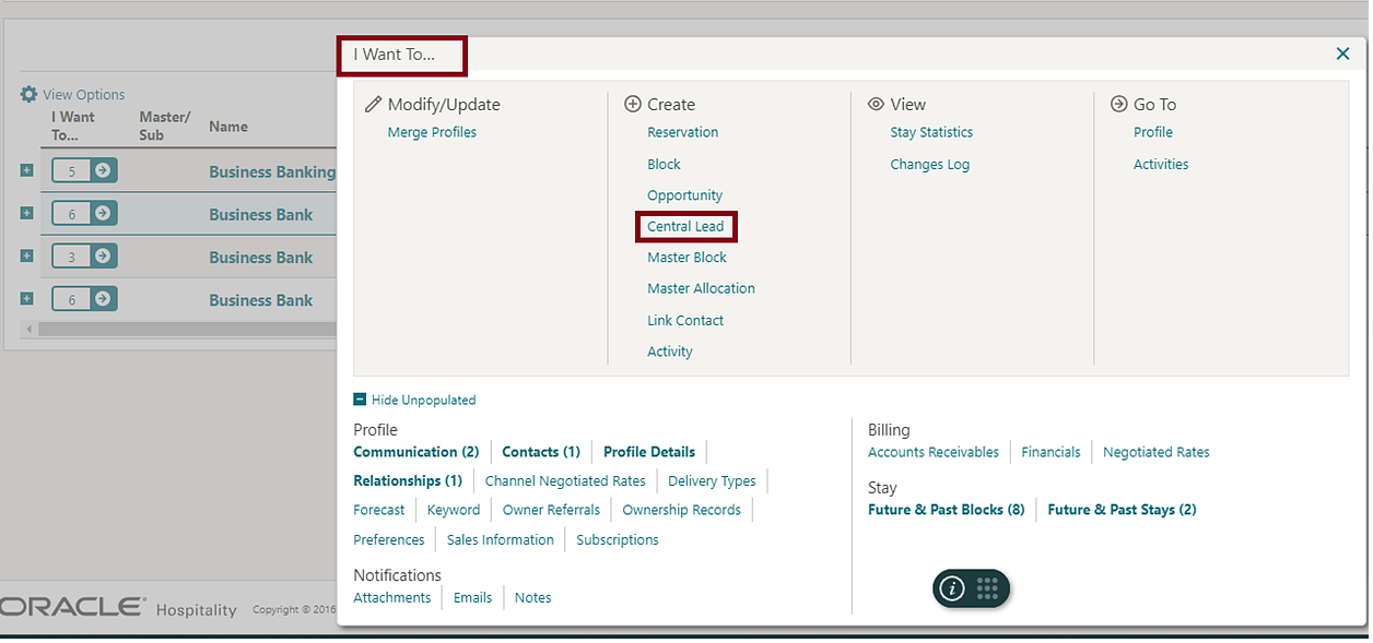 I Want To menu pages shown with Central Lead highlighted under Create. I Want To menu pages shown with Central Lead highlighted under Create.