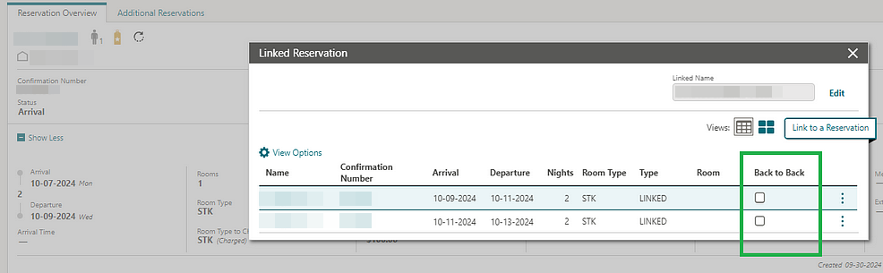Reservation Overview screen shows checkboxes. Reservation Overview screen shows checkboxes.