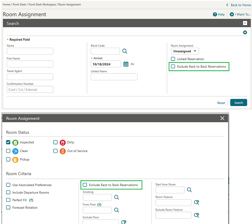 Room Assignment screen showing back-to-back checkboxes. Room Assignment screen showing back-to-back checkboxes.