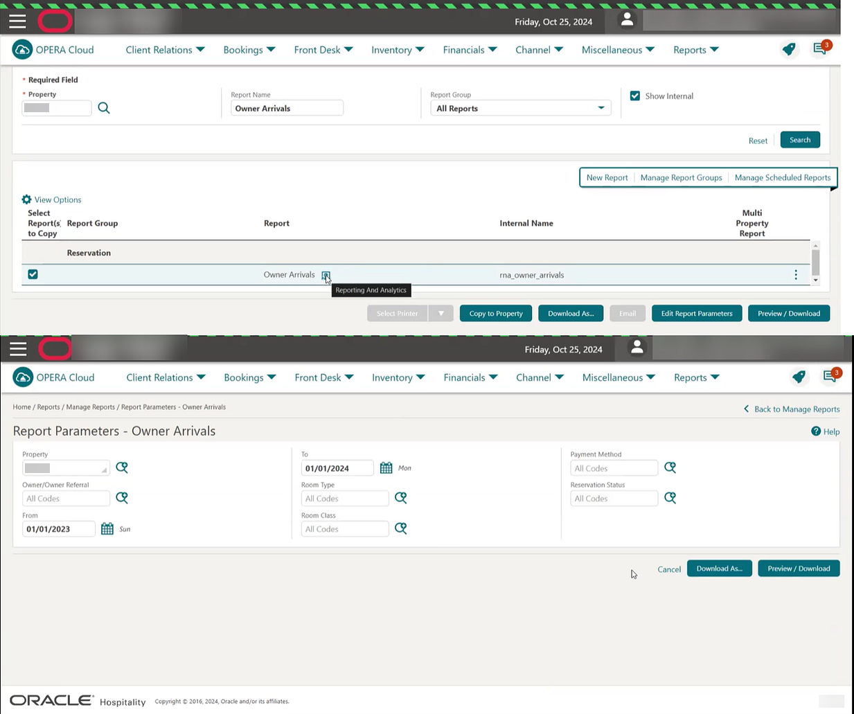 Report Parameters — Owner Arrivals Report Parameters — Owner Arrivals