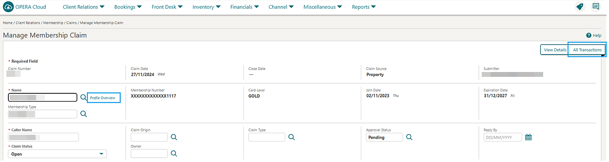 Manage Membership Claim screen shows Profile Overview and All Transactions highlighted.. Manage Membership Claim screen shows Profile Overview and All Transactions highlighted..