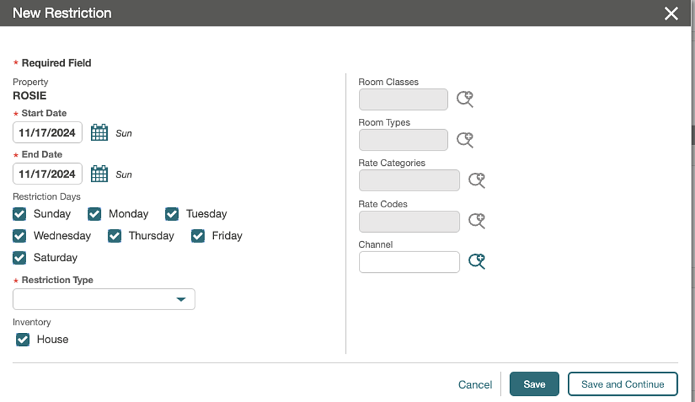The New Restrictions screen provides a checkbox for disabling the Rate Category and Rate Code fields. The New Restrictions screen provides a checkbox for disabling the Rate Category and Rate Code fields.