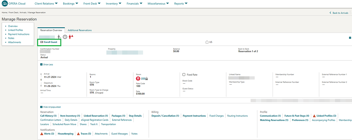 Manage Reservation screen showing the Enroll Guest action. Manage Reservation screen showing the Enroll Guest action.
