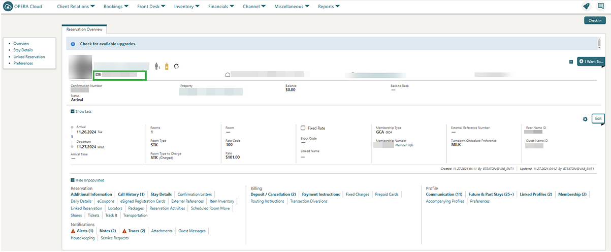 The Reservation Overview panel shows Membership information. The Reservation Overview panel shows Membership information.