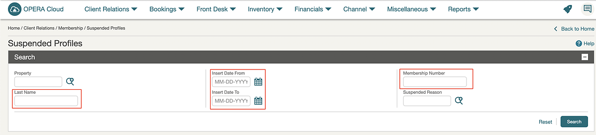 Suspended Profiles screen showing new fields for last name, insert date from/to, and members number. Suspended Profiles screen showing new fields for last name, insert date from/to, and members number.