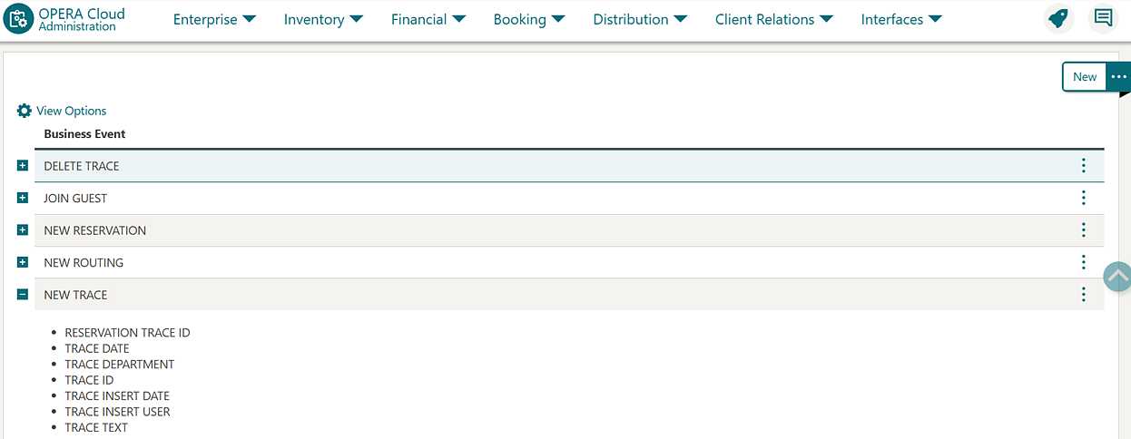 This screen displays view options for Business Events. This screen displays view options for Business Events.