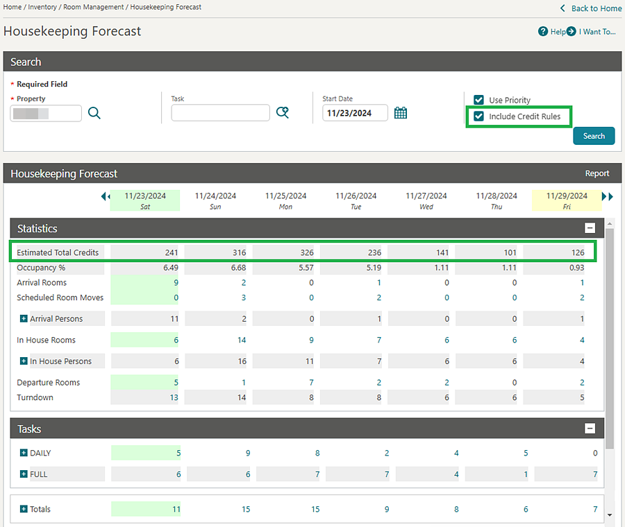 Housekeeping Forecast screen includes a search option. Housekeeping Forecast screen includes a search option.