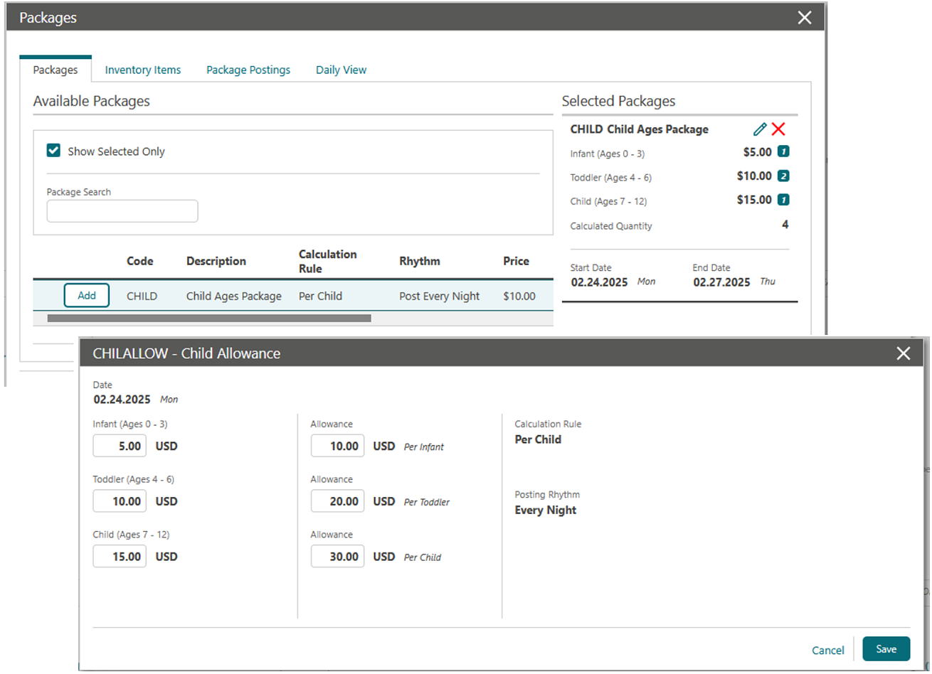 This images displays the Packages screen and Child Allowance panel. This images displays the Packages screen and Child Allowance panel.
