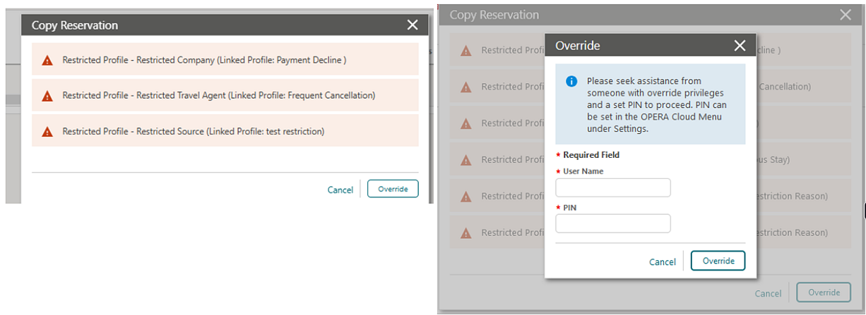 Copy Reservation screen showing warnings. Copy Reservation screen showing warnings.