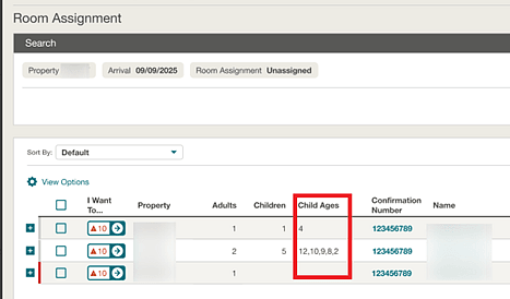 Child ages column shown in the Room Assignment screen search results. Child ages column shown in the Room Assignment screen search results.