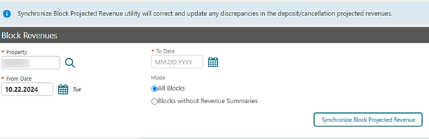 Block Revenues page with the Synchronize Block Projected Revenue button. Block Revenues page with the Synchronize Block Projected Revenue button.