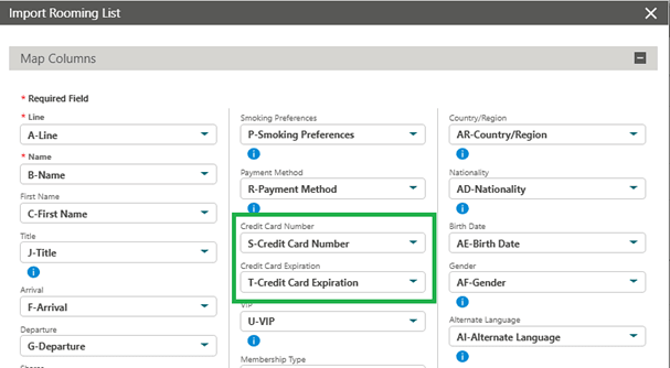 The Map Columns screen showing the Credit Card Number and Credit Card Expiration column fields. The Map Columns screen showing the Credit Card Number and Credit Card Expiration column fields.