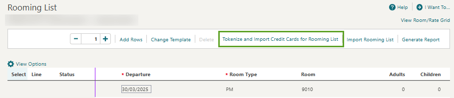 The Rooming List page showing the Tokenize and Import Credit Cards for Rooming List option. The Rooming List page showing the Tokenize and Import Credit Cards for Rooming List option.