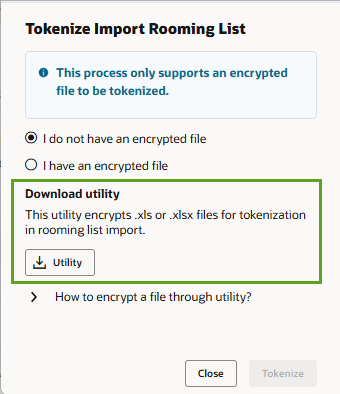 The Tokenize Import Rooming List screen highlighting the Download Utility option. The Tokenize Import Rooming List screen highlighting the Download Utility option.