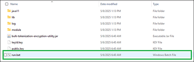 Windows explorer showing the utility download run.bat file. Windows explorer showing the utility download run.bat file.