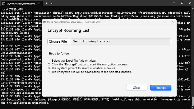 The encryption utility Encrypt Rooming List screen Encrypt button. The encryption utility Encrypt Rooming List screen Encrypt button.