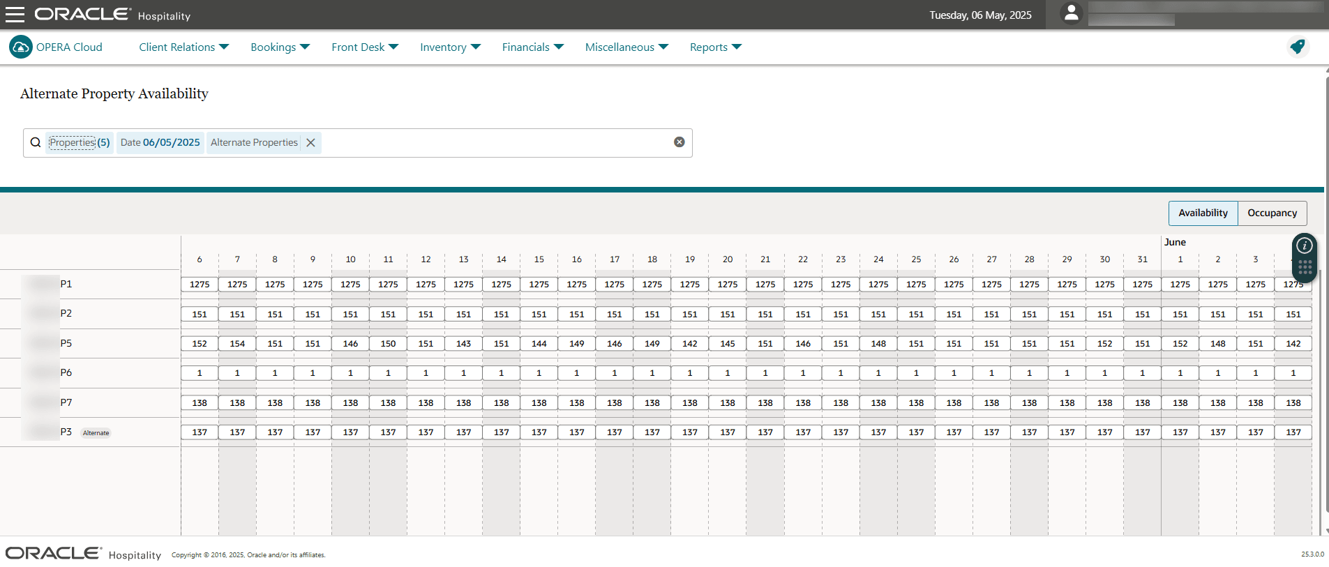 Alternate Property Availability screen showing availability numbers for several properties plus one alternate property. Alternate Property Availability screen showing availability numbers for several properties plus one alternate property.