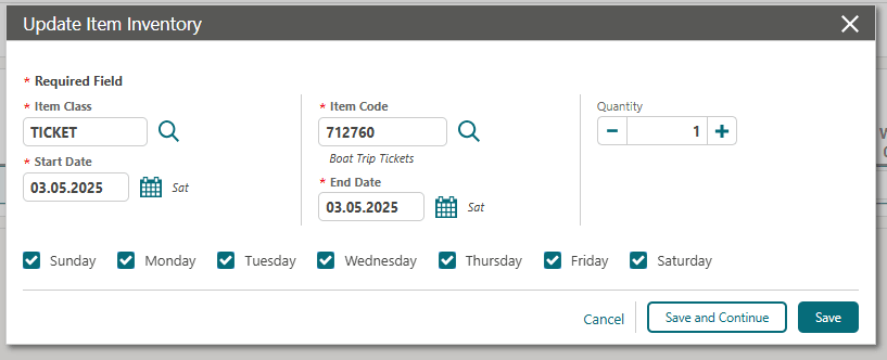 Update Item Inventory popup showing Quantity field and days of the week options. Update Item Inventory popup showing Quantity field and days of the week options.