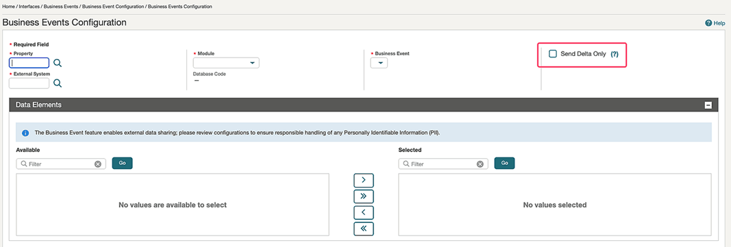 The Business Events Configuration screen showing the new Send Delta Only checkbox. The Business Events Configuration screen showing the new Send Delta Only checkbox.