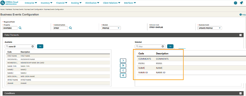The Business Events Configuration screen showing the 4 data elements selected. The Business Events Configuration screen showing the 4 data elements selected.