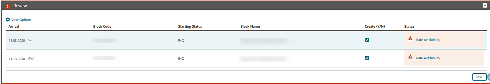 The Review panel shows the Rate Availability status warning. The Review panel shows the Rate Availability status warning.