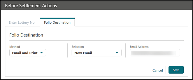 The Folio Destination tab showing Method, Selection, and Email Address fields. The Folio Destination tab showing Method, Selection, and Email Address fields.