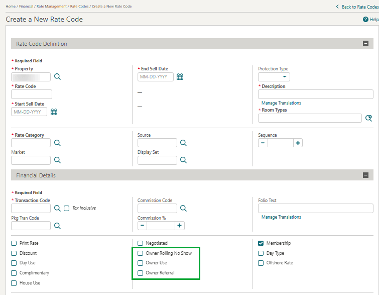 The Rate Code Financial Details panel showing Owner Rolling No Show, Owner Use, and Owner Referral check boxes. The Rate Code Financial Details panel showing Owner Rolling No Show, Owner Use, and Owner Referral check boxes.