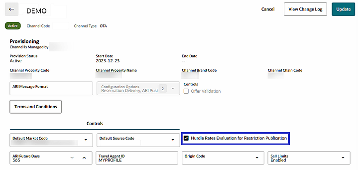 The Distribution Channel Property provisioning screen showing the Hurdle Rates Evaluation for Restriction Publication control checkbox selected. The Distribution Channel Property provisioning screen showing the Hurdle Rates Evaluation for Restriction Publication control checkbox selected.