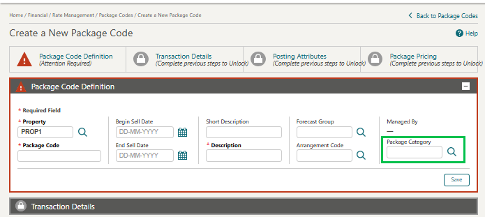 Package Code Definition screen showing the Package Category field. Package Code Definition screen showing the Package Category field.
