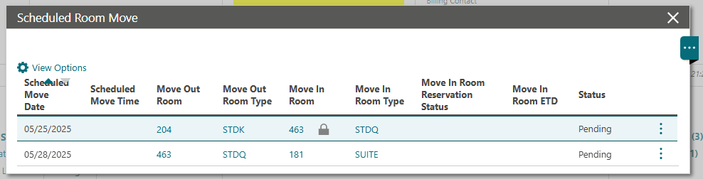 The reservation's Scheduled Room Move panel with one future room move marked as Do Not Move with lock icon and one not marked as Do Not Move with no icon.