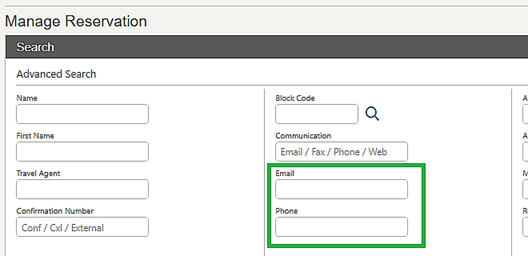 The Manage Reservation search screen showing the Email and Phone fields. The Manage Reservation search screen showing the Email and Phone fields.