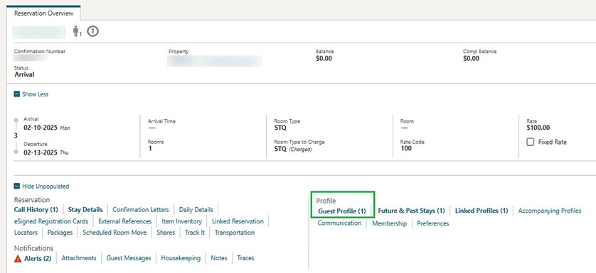 The Reservation Overview screen showing a Guest Profile link under the Profile section. The Reservation Overview screen showing a Guest Profile link under the Profile section.