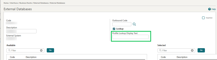 The Profile Lookup Display Text field on the External Database configuration panel. The Profile Lookup Display Text field on the External Database configuration panel.