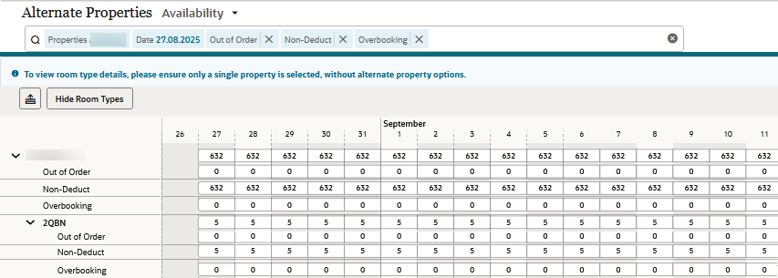 The Alternate Properties Availability screen showing OOO, Non-Deduct, and Overbooking totals for September. The Alternate Properties Availability screen showing OOO, Non-Deduct, and Overbooking totals for September.