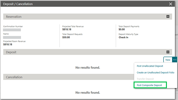 The Deposit/Cancellation screen showing the Actions link 'Post Composite Deposit'. The Deposit/Cancellation screen showing the Actions link 'Post Composite Deposit'.
