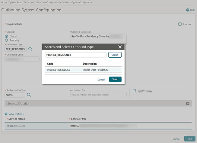 The Outbound System Configuration screen showing the Profile Residency outbound type. The Outbound System Configuration screen showing the Profile Residency outbound type.